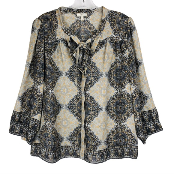 Joie grey gold 100% silk button front tie blouse - Picture 1 of 11